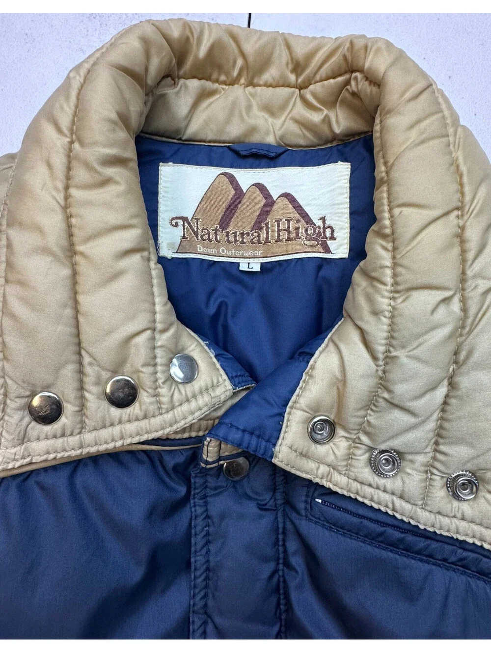 Vintage Natural High Down Puffer Vest Mens L Navy Tan 80s Western Ski Outdoor